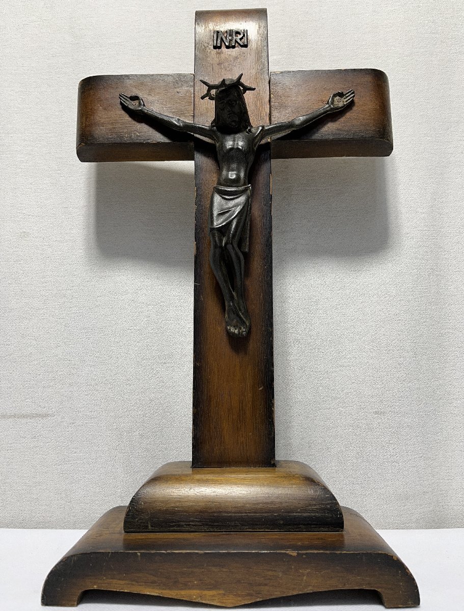 ▽INRI クロス十字架 イエス・キリスト像 アンティーク 置物 高さ:50cm 木製 オーク材 中古▽012397拍卖