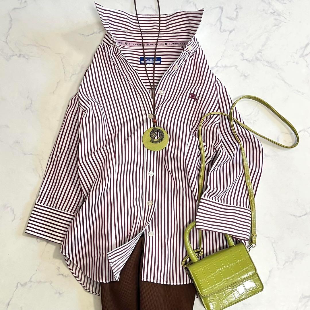 美品★バーバリーブルーレーベル★ストライプシャツ/ホース刺繍/バックロゴプリント/7分袖/洗える/三陽商会/オールシーズン/36/S拍卖