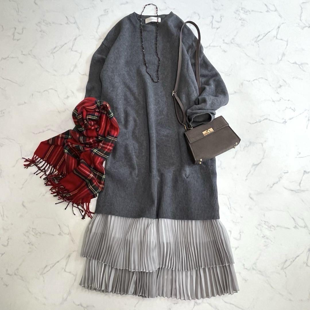 美品★LE CIEL BLEU★ルシェルブルー/Knit Combination Dress/異素材ドッキングニット/2way/プリーツフレア/S~M/定価¥36,300拍卖