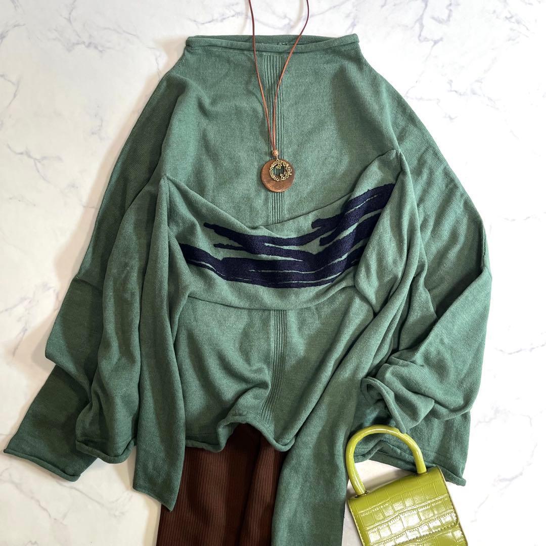 美品★2024★萌★MOYURU★変形ニットプルオーバー/トップス/ゆったり/洗える/グリーン系/M~L拍卖