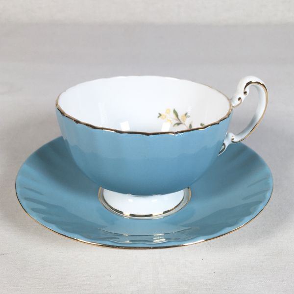 【状態良好/1客】AYNSLEY エインズレイ カップ&ソーサー 花 ターコイズブルー系 金彩拍卖