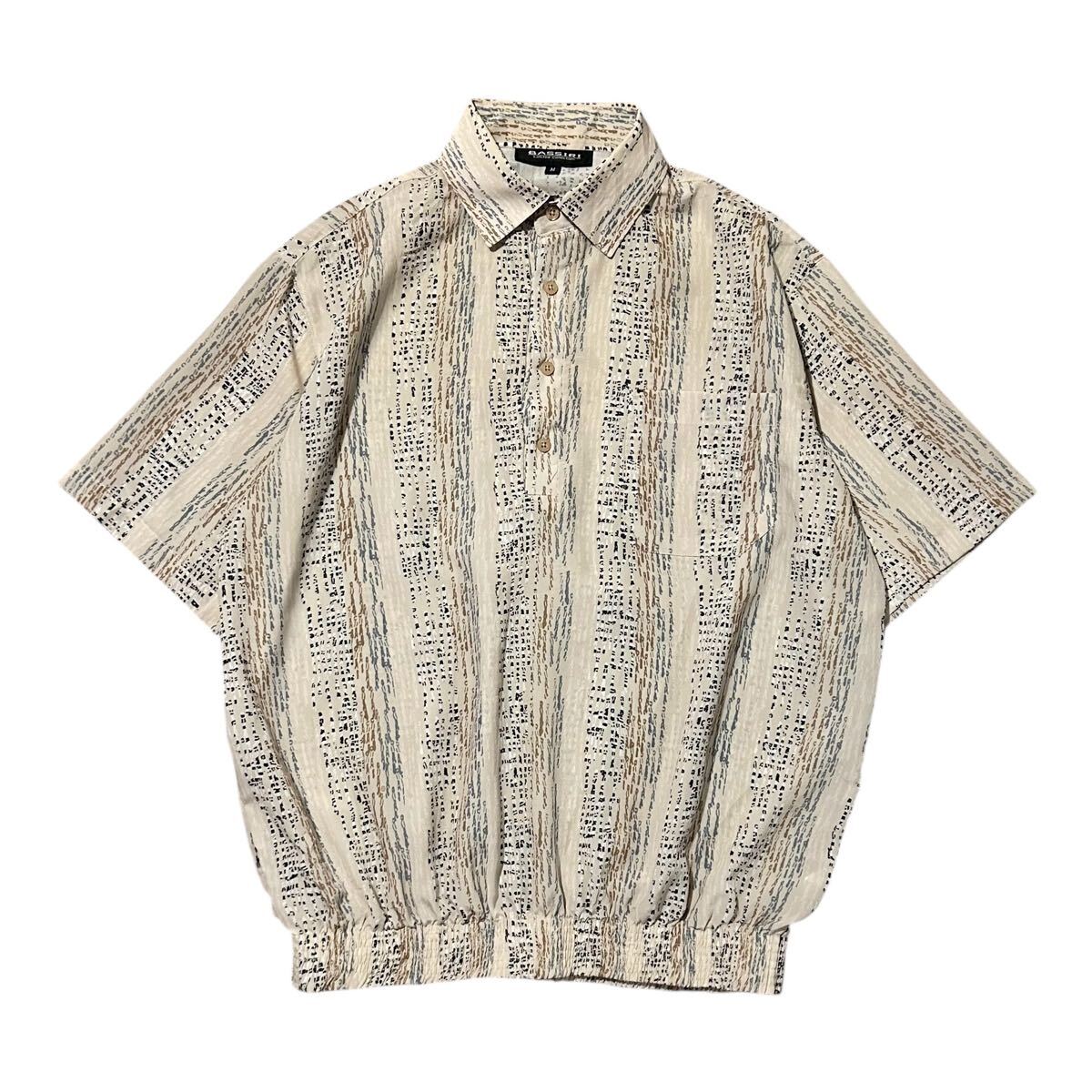 BASSIRI S/S プルオーバーシャツ Mサイズ ベージュ 総柄 ストライプ ポロシャツ レギュラーカラー 短丈 半袖シャツ拍卖