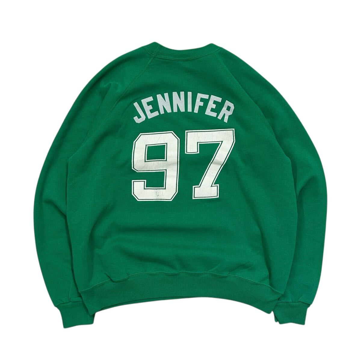 USA製 90’s Hanes ヘインズ ラグランスウェット XL グリーン 緑色 ヴィンテージ ナンバリング フロッキープリント トレーナー アメリカ製拍卖