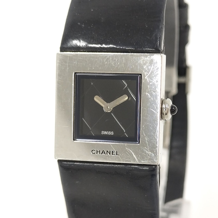 CHANEL レディース腕時計 マトラッセ SS レザーベルト ブラック クオーツ ブラック文字盤 H0116拍卖