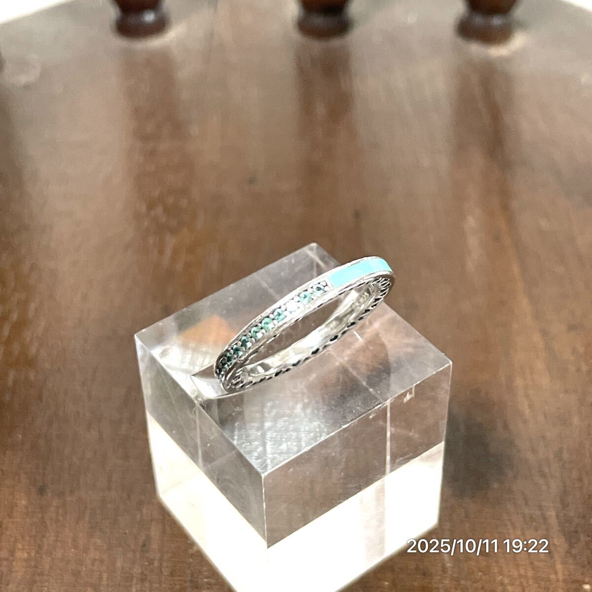 SILVER925 SV925 PANDORA パンドラ ALE エメラルドグリーン系カラー 色石 ラインストーン サイド ハート柄 リング 指輪 アクセサリー 拍卖
