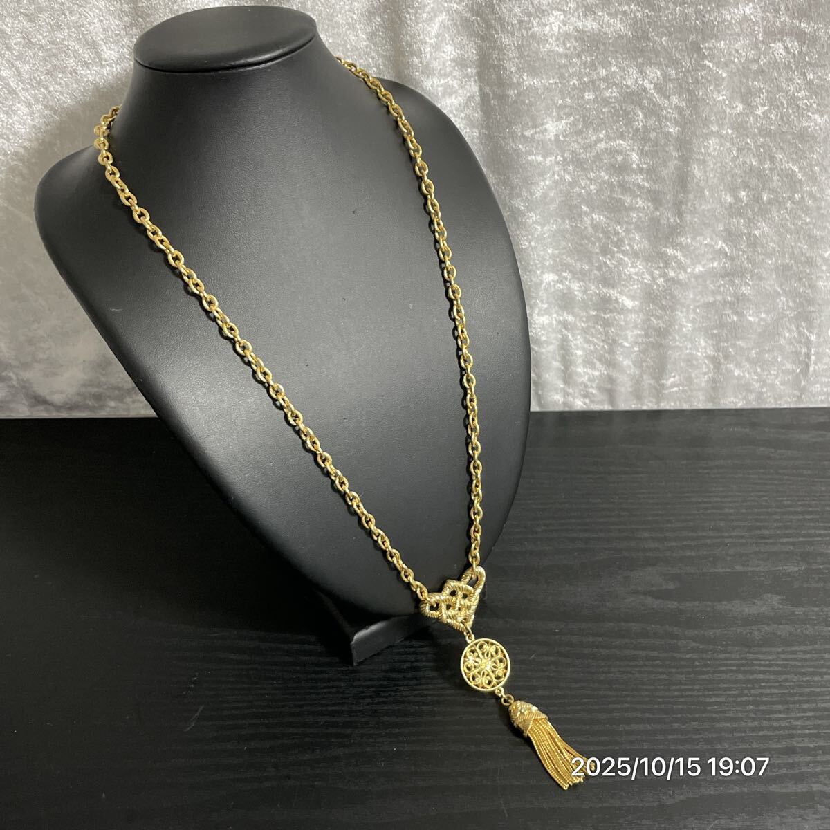 美品 SONIA RYKIEL SRロゴ フリンジ ラインストーン ゴールドカラー ロングネックレス ペンダント アクセサリー 装飾品拍卖
