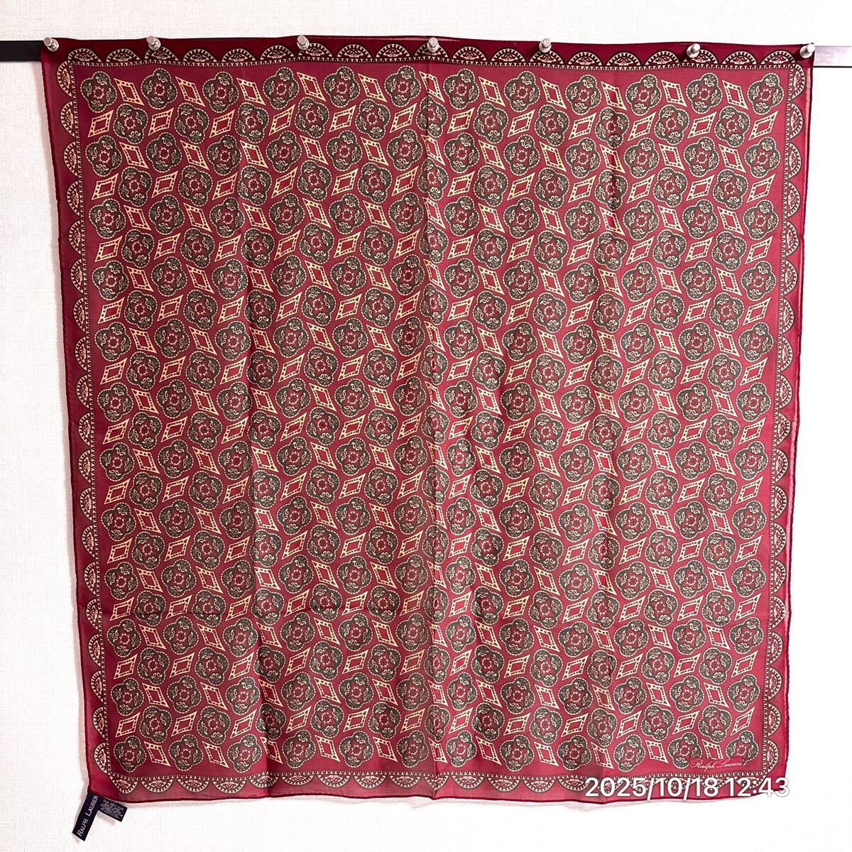 極美品 Ralph Lauren ラルフローレン ブランドロゴ 総柄 レッド系マルチカラー シルク シフォン スカーフ ファッション 小物拍卖