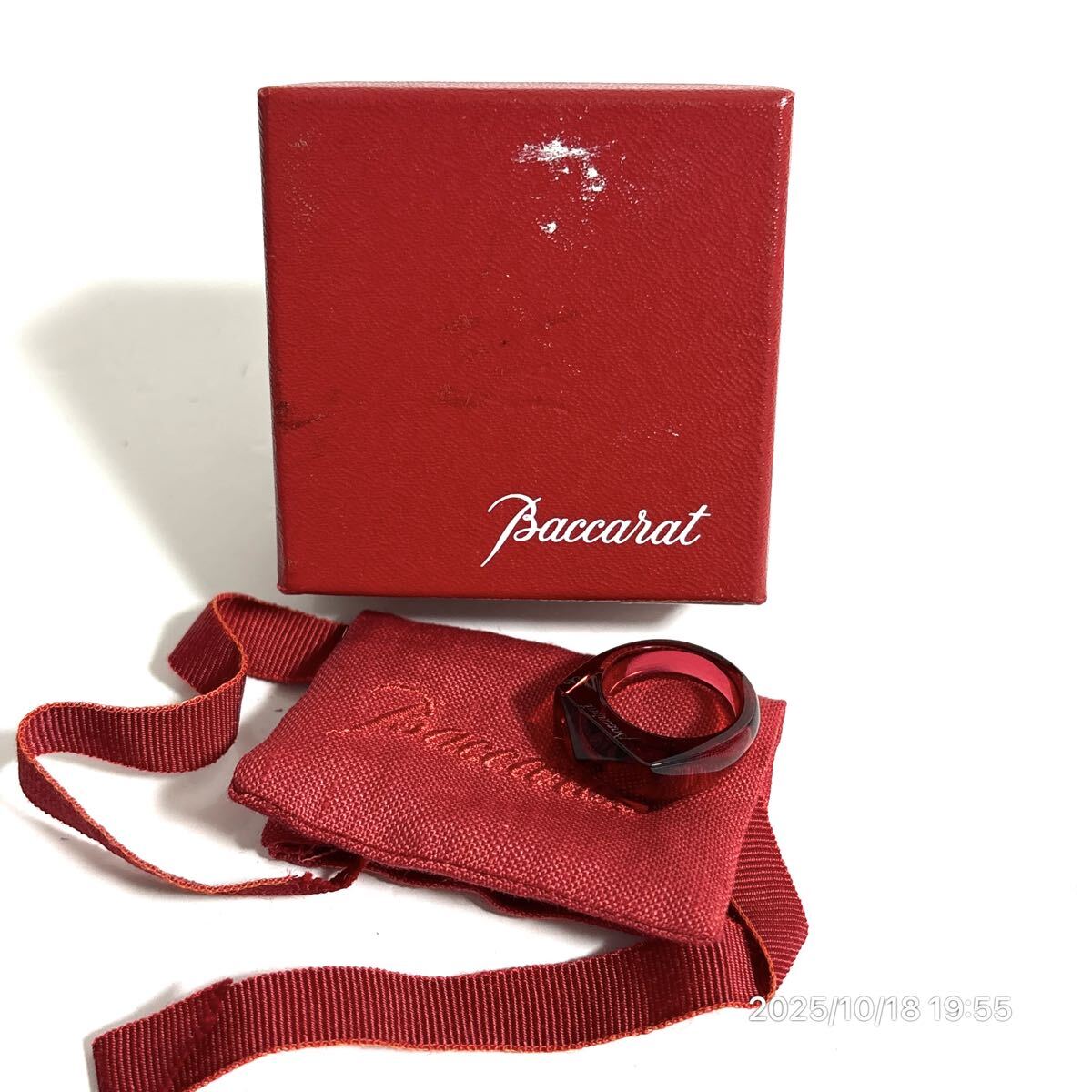 極美品 Baccarat バカラ レッドカラー ブランドロゴ クリスタル リング 指輪 アクセサリー 箱付き拍卖