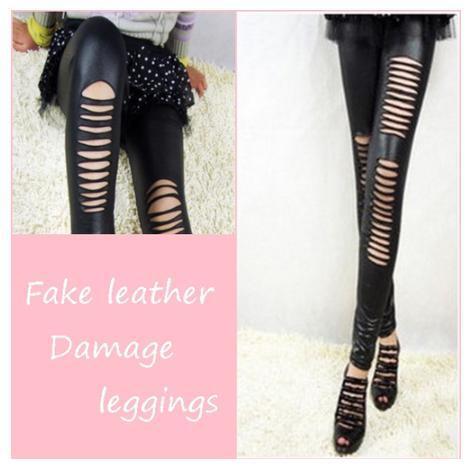 247 レディース ブラック 穴あき ダメージ 9分丈 くるぶし丈 スキニー フェイクレザー セクシー 黒拍卖