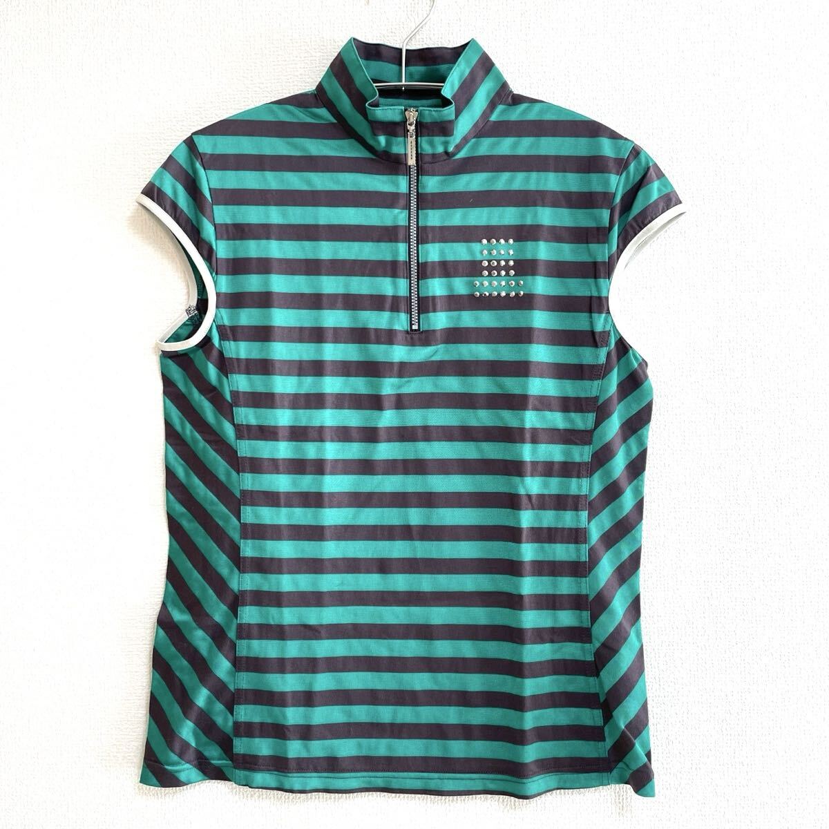 【美品】LANVIN SPORT ランバンスポール レディース ゴルフウェア 半袖 ボーダー ハーフジップ グリーン ブラック サイズ40 M ベスト 柄拍卖