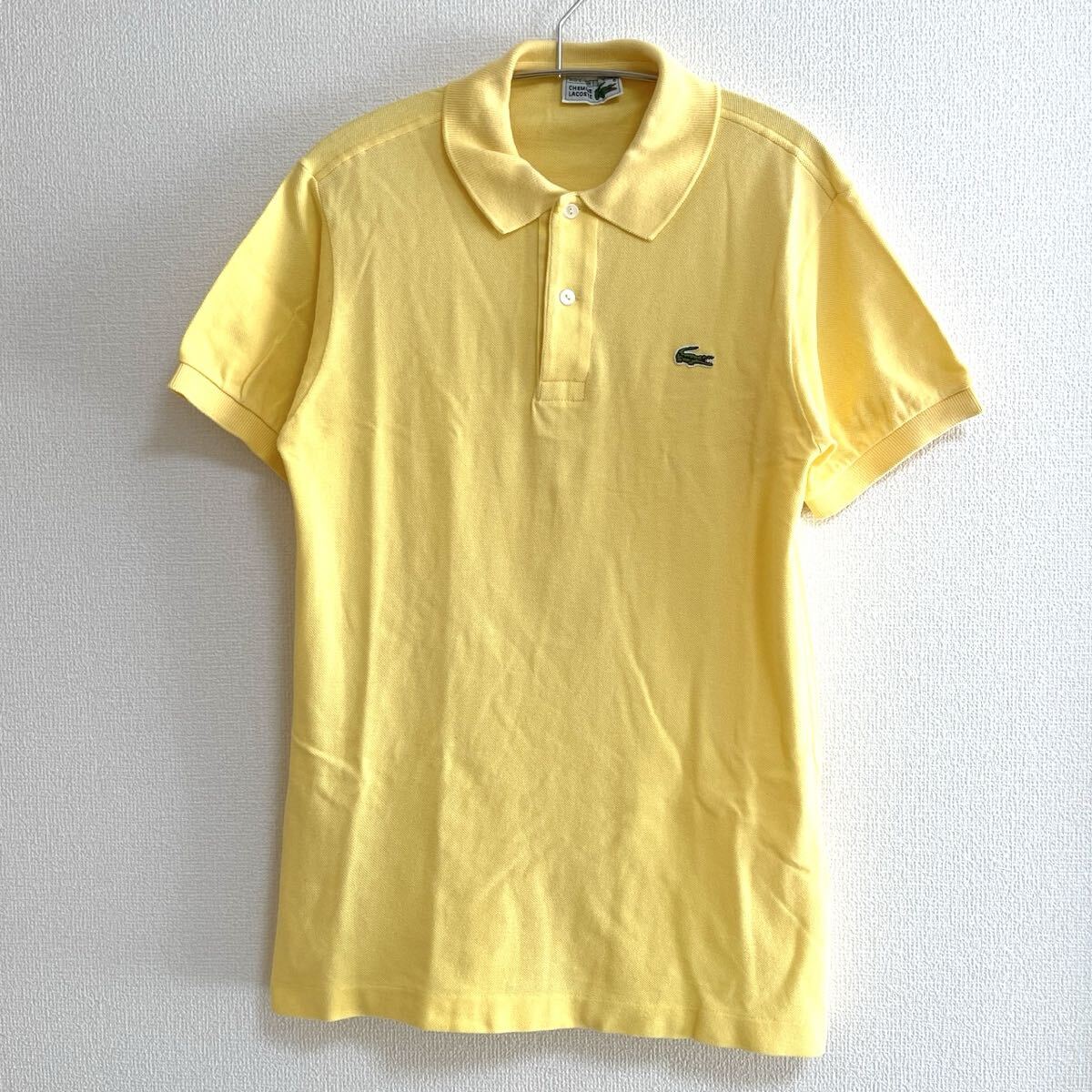 【美品】ラコステ LACOSTE フランス製 ポロシャツ 3 イエロー メンズ Mサイズ相当 刺繍ロゴ 綿100% 初夏秋 半袖 無地 インナー 鹿の子 黄色拍卖