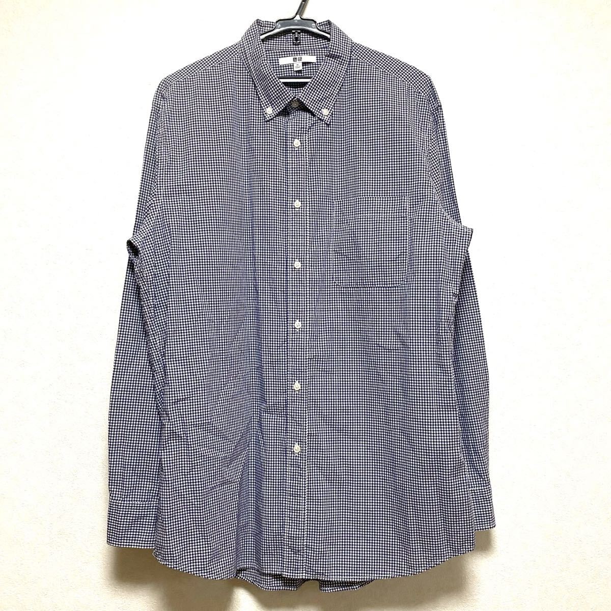【美品】UNIQLO ユニクロ ギンガムチェックシャツ XL メンズ ネイビー 綿100% スーツ対応 長袖 331-19375871 人気 定番 ボタンダウンシャツ拍卖