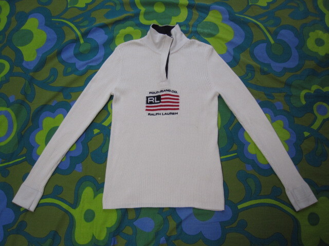 POLO JEANS RALPH LAUREN ポロ ジーンズ ラルフローレン コットン ハーフジップ リブセーター ホワイト レディースL USEDキレイ 古着拍卖