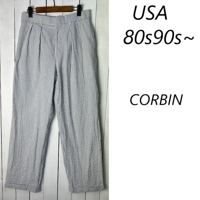 USA古着 80s90s~ USA製 シアサッカー ストライプ ダブル薄手サマースラックスパンツ S~M 春夏秋口 オールド ワイド トラウザーズ ●286拍卖