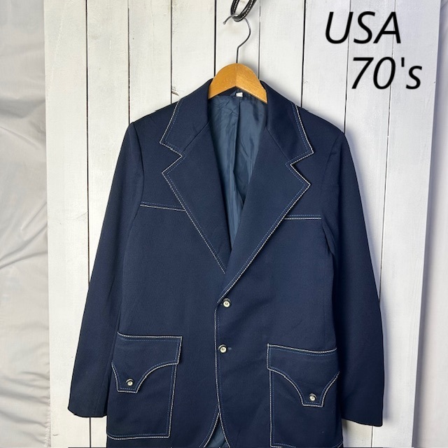 USA古着 70s~ 2色ステッチ レトロ2Bテーラードジャケット 紺 M ブレザー ポリジャケット オールド ヴィンテージ トラッド アイビー ●303拍卖