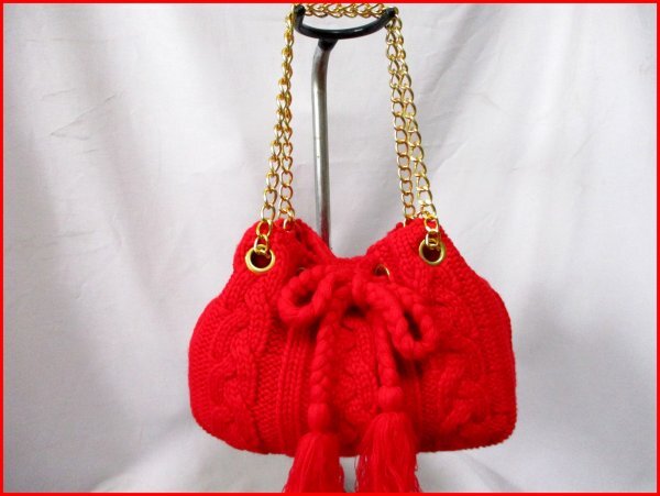 毛糸編み 大型バルーン型バッグ◇RD 持ち手チェーン W35cm拍卖