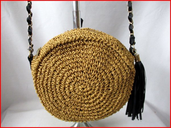 index/インデックス◇ペーパー編み ラウンド ショルダーバッグ ライトBR タッセル付 斜め掛け W22cm拍卖