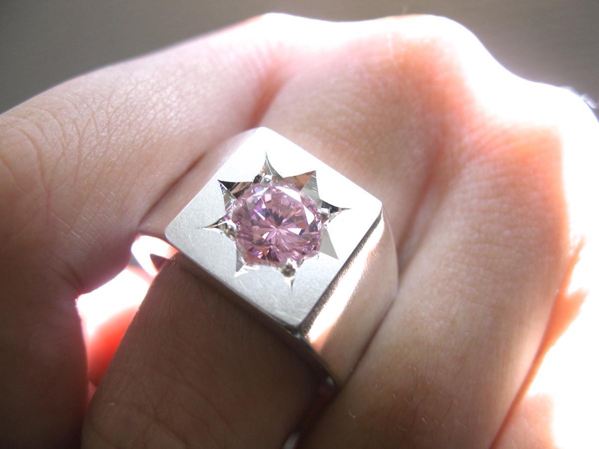 仁尾彫金『一つ星ピンクジルコニア、プラチナ印台リング』ハンドメイド161拍卖