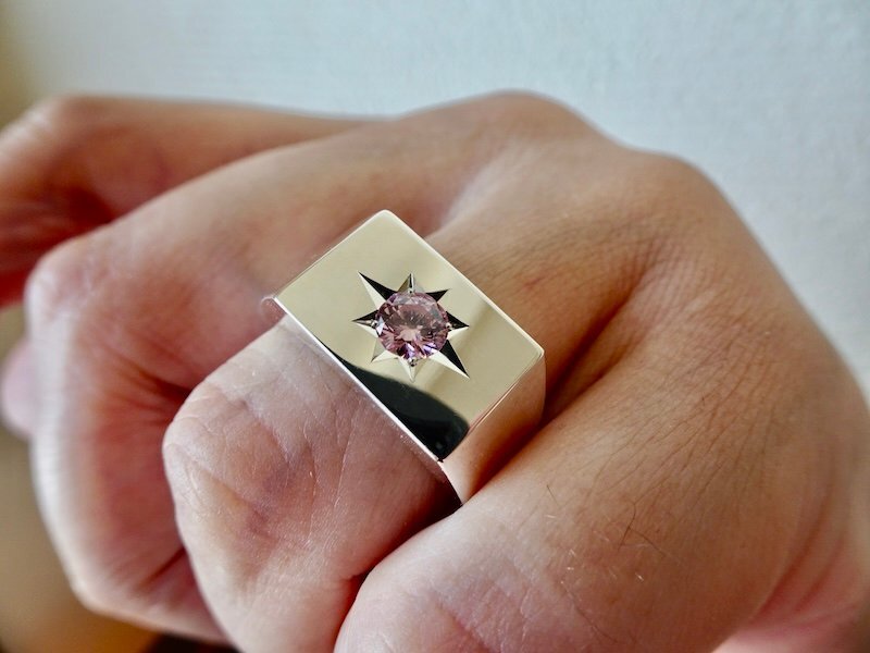 仁尾彫金『一つ星5mmピンクジルコニア、プラチナ印台リング、磨き』ハンドメイド390拍卖