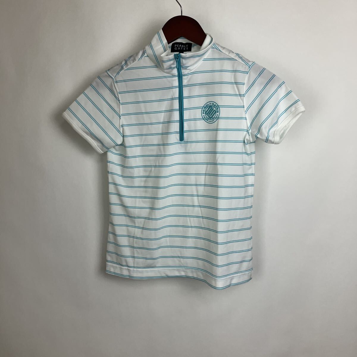 パーリーゲイツ ゴルフウェア 半袖ポロシャツ ポロシャツ ハーフジップ ボーダー柄 ボーダー ゴルフ 半袖シャツ 白 ブルー レディース XS拍卖