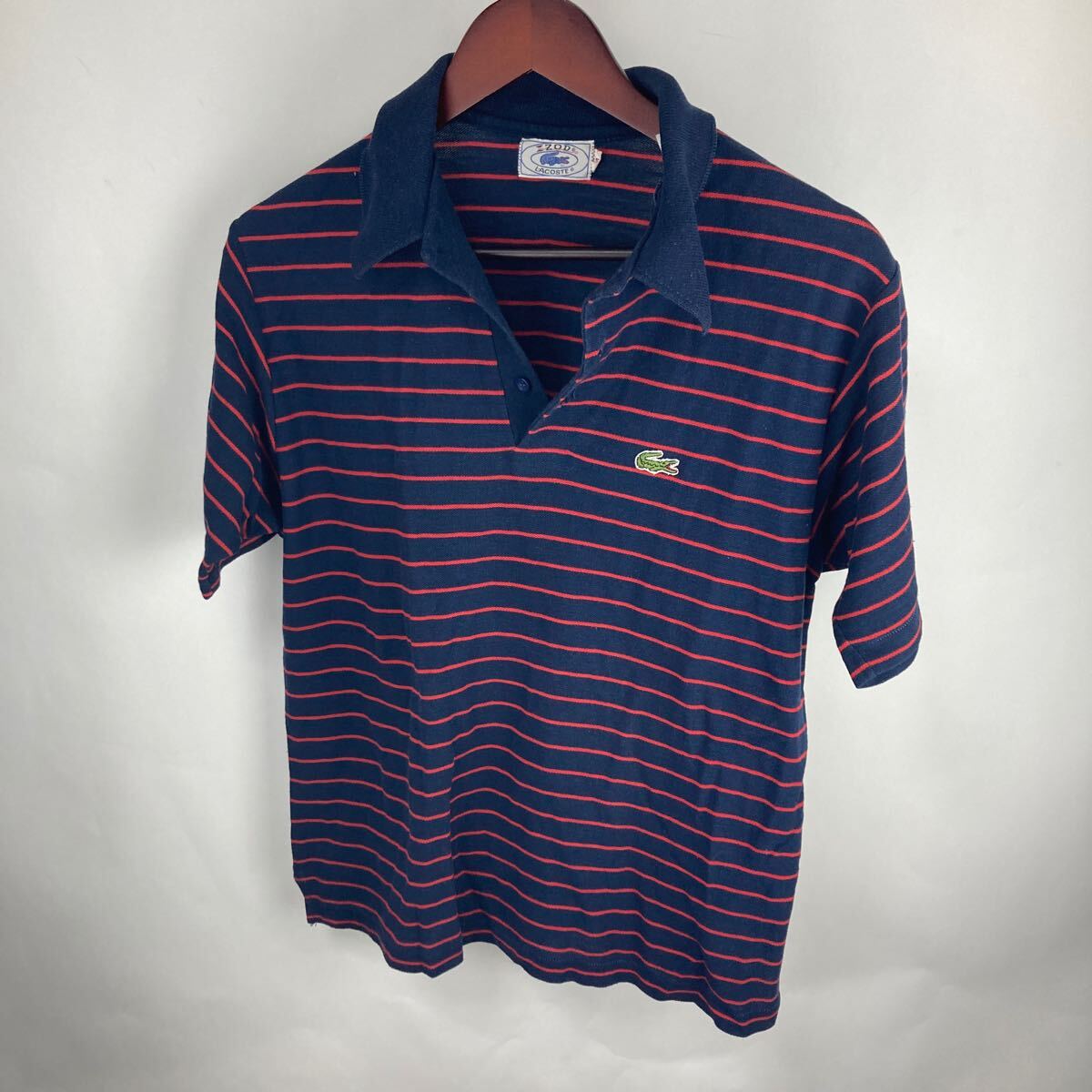ボーダー ラコステ 半袖ポロシャツ LACOSTE ポロシャツ M 半袖 ボーダー柄 ネイビー 80s ワンポイント 古着 激安古着拍卖
