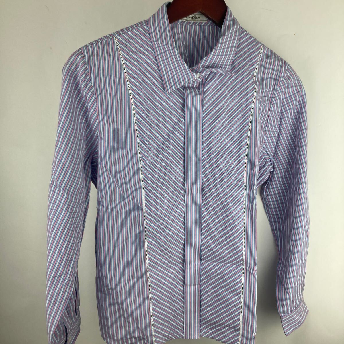ストライプ 長袖シャツ ブルー ホワイト シャツ 長袖 ブラウス M レディース レリアンオリジナル LEILIAN Originals ポロ ポロシャツ拍卖