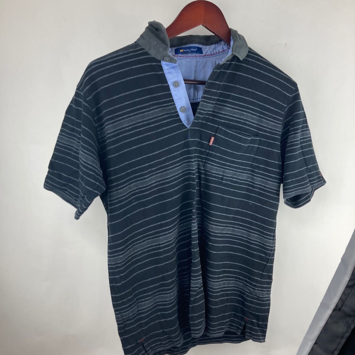 ポロシャツ 半袖ポロシャツ 半袖 トップス ブラック 半袖シャツ グレー 水色 ゴールデンベア golden bear ストライプ ボーダー ボタン拍卖