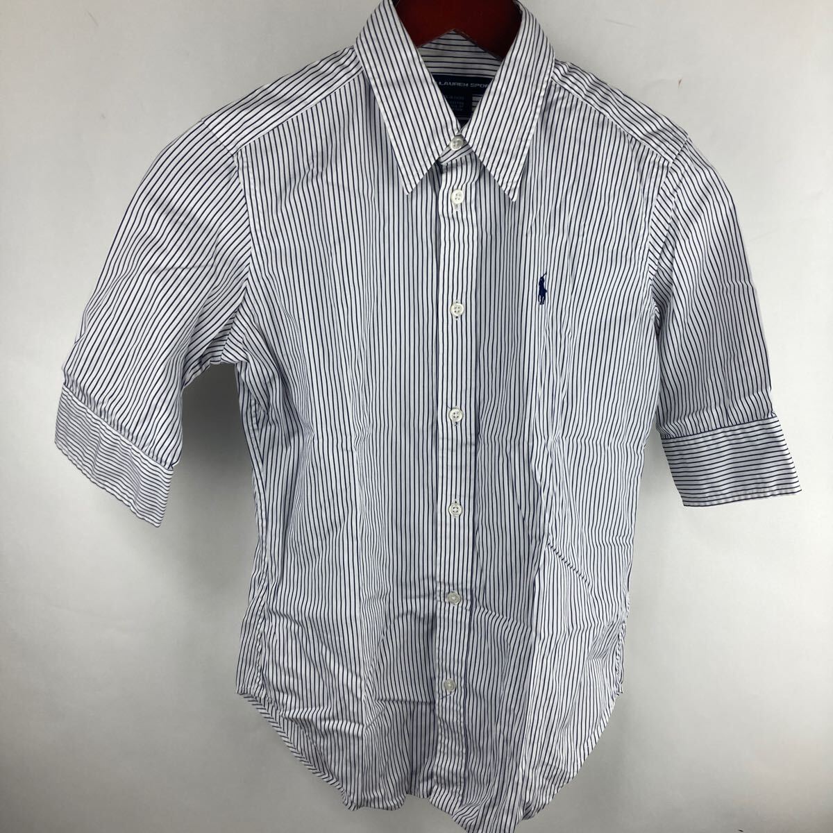 ラルフローレン RALPH LAUREN ストライプ ボタンダウン シャツ 半袖 半袖シャツ ホワイト 古着 ネイビー 紺色 ボーダー コットン100%拍卖