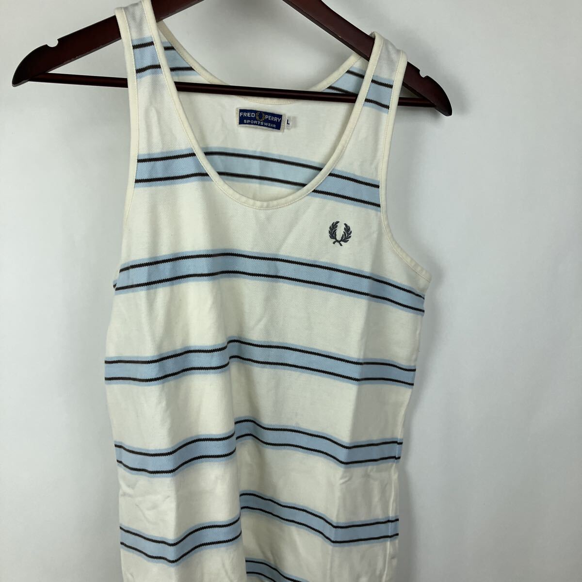 フレッドペリー FRED PERRY タンクトップ ボーダー ホワイト ポロシャツ ノースリーブ カットソー Lサイズ メンズ拍卖