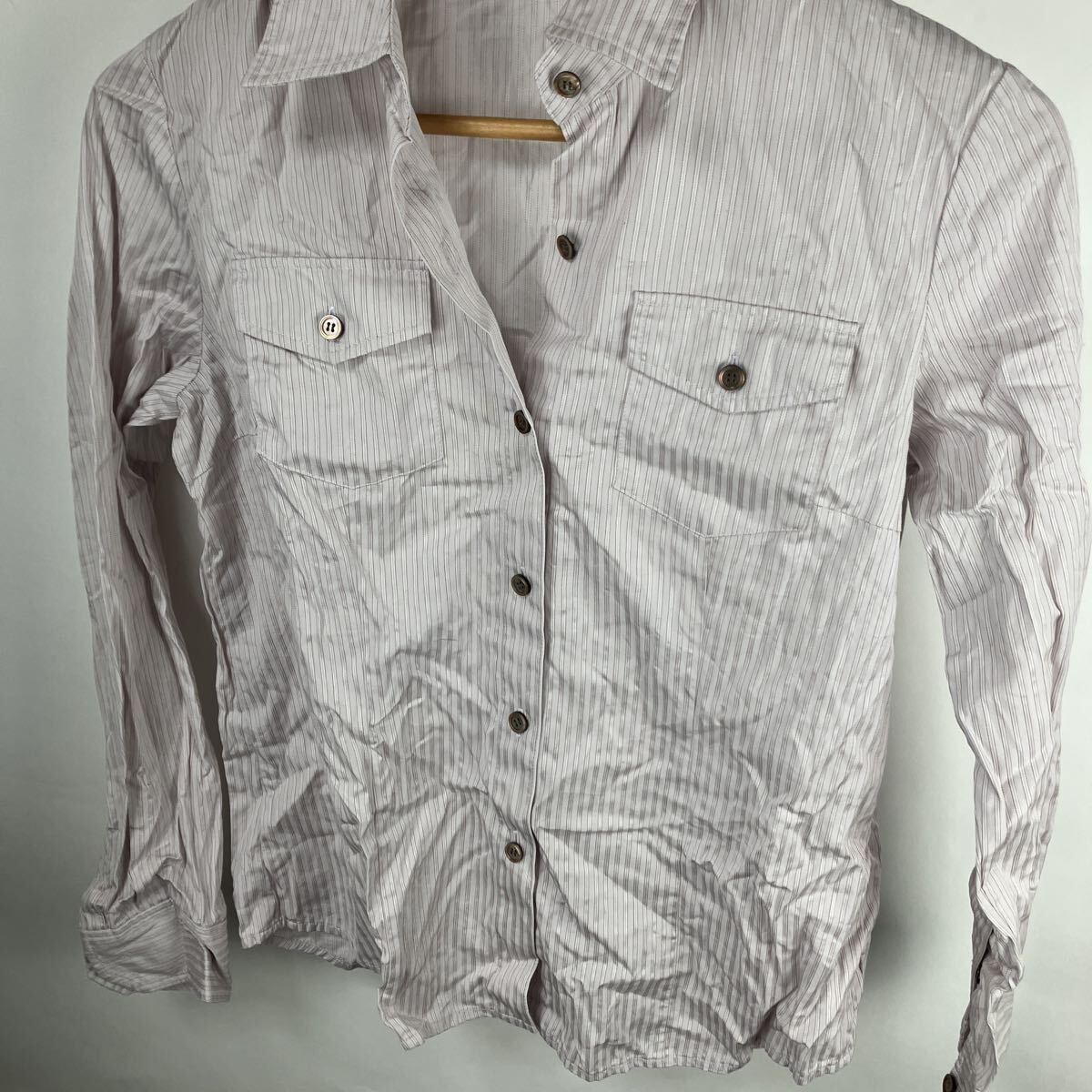 ストライプ 長袖シャツ ブラウス 長袖 シャツ 長袖ブラウス トップス Msize シェルボタン拍卖