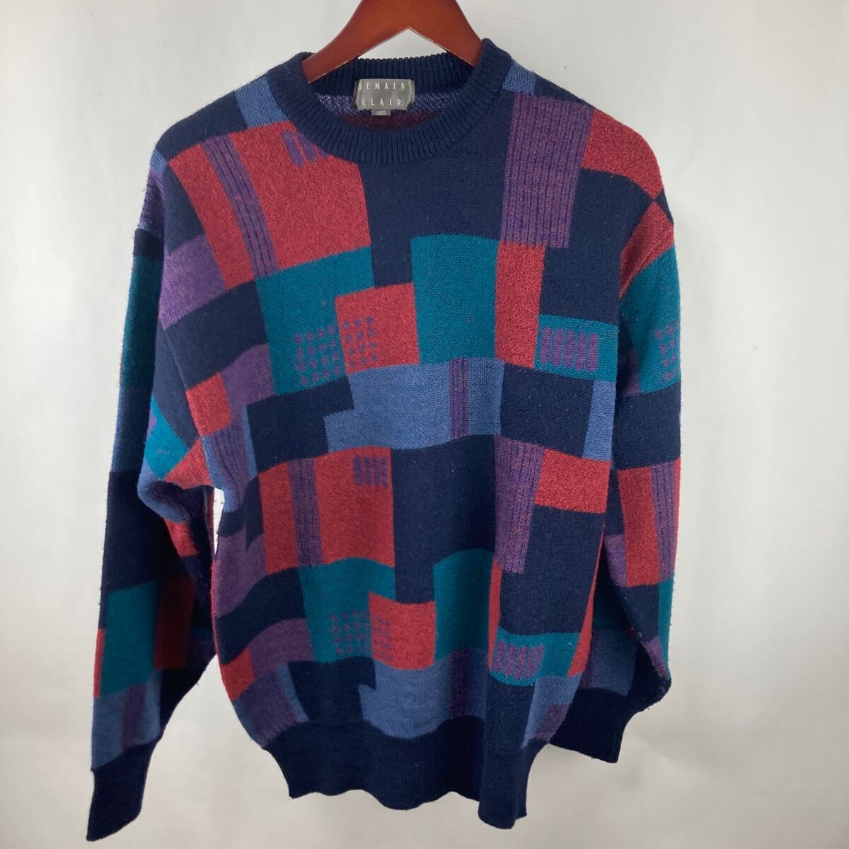 DEMAIN CLAIR 古着 ヴィンテージ セーター ニット ニットセーター 90s ネイビー 総柄ニットセーター L ゆったり カジュアル メンズ 拍卖