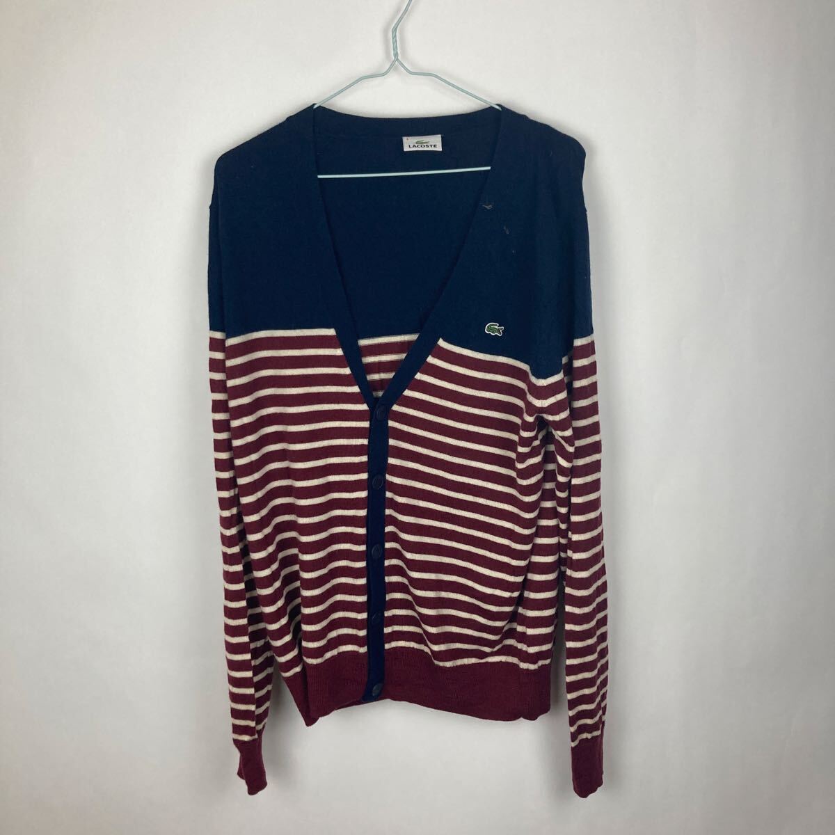 LACOSTE ラコステ カーディガン ニット ネイビー 古着 ニットカーディガン ニットセーター ボーダー ワンポイント 刺繍 激安古着 古着拍卖