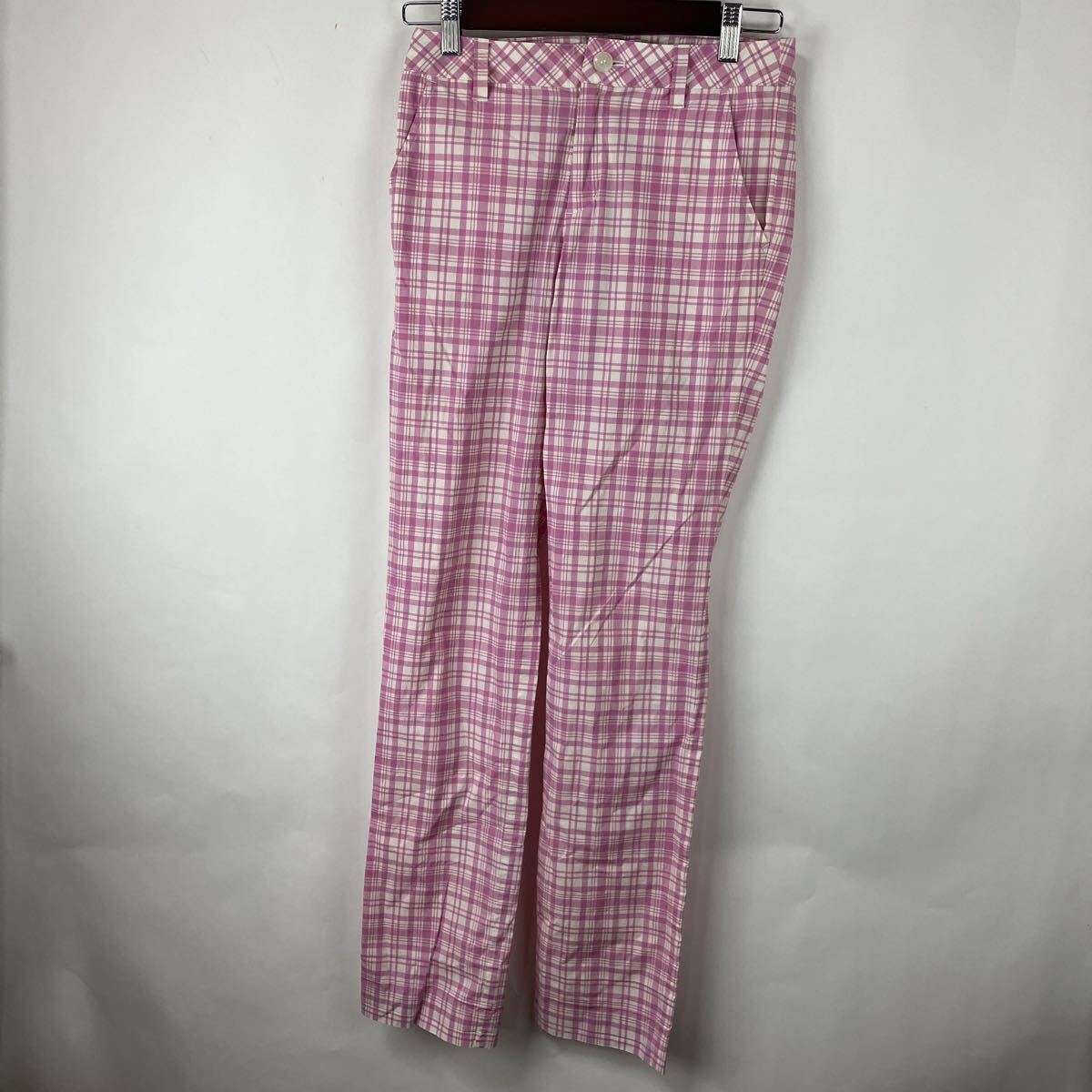 23区 にじゅあ パンツ ゴルフ ストレッチ ピンク チェック柄 古着 Mサイズ レディース 女性用 女性向け ロゴ 刺繍拍卖