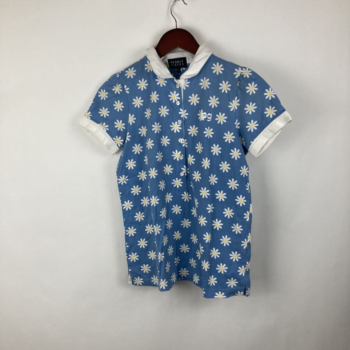 パーリーゲイツ PEARLY GATES 半袖ポロシャツ ゴルフウェア 半袖 白 水色 花柄 トレーニングウェア スポーツウェア テニスウェア 激安古着拍卖