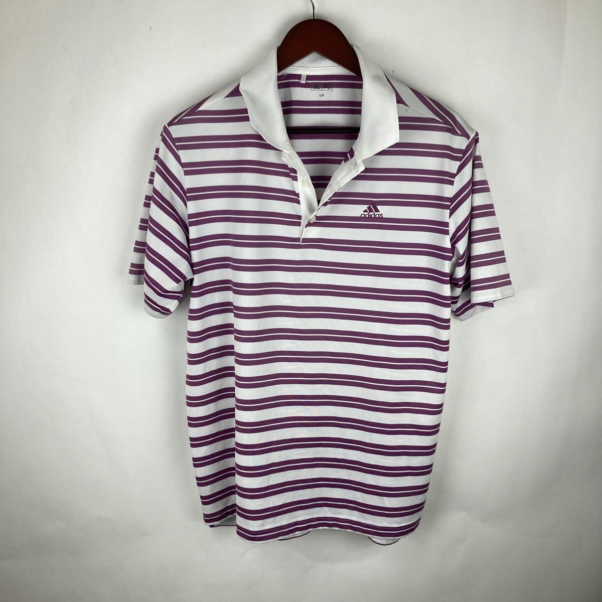 ポロシャツ ボーダー 半袖ポロシャツ 半袖 ゴルフウェア パープル トップス Lサイズ 大きめ adidasアディダス ボーダー柄拍卖