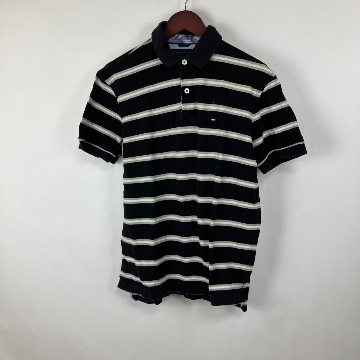 TOMMY HILFIGER トミーヒルフィガー ボーダー ポロシャツ 半袖ポロシャツ ネイビー 半袖 トップス ワンポイント メンズ Mサイズ拍卖