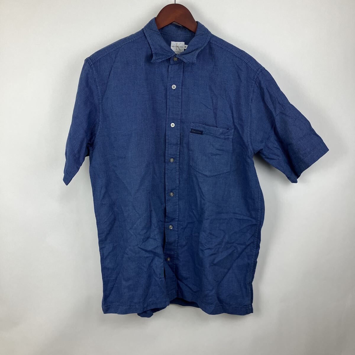 カルバンクライン 半袖シャツ ボタンダウン 半袖 Mサイズ 古着 ブルー アメリカ古着 デニムシャツ コットン メンズ 男性向け拍卖
