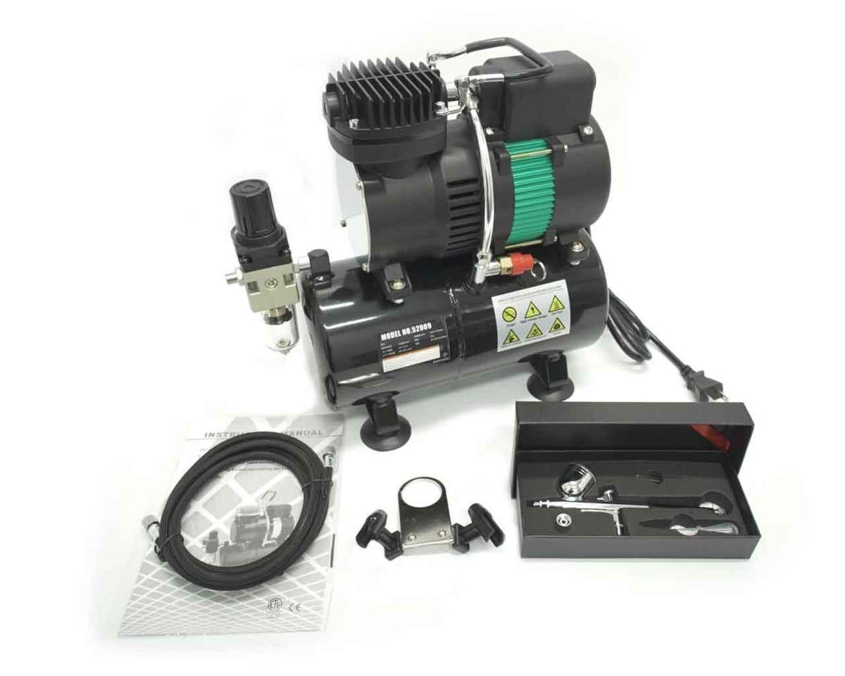 エアブラシ ミニエアーコンプレッサーセット スターティングキット デュアルファン オイルレス エアコンプレッサー 3L 100V 52009※拍卖
