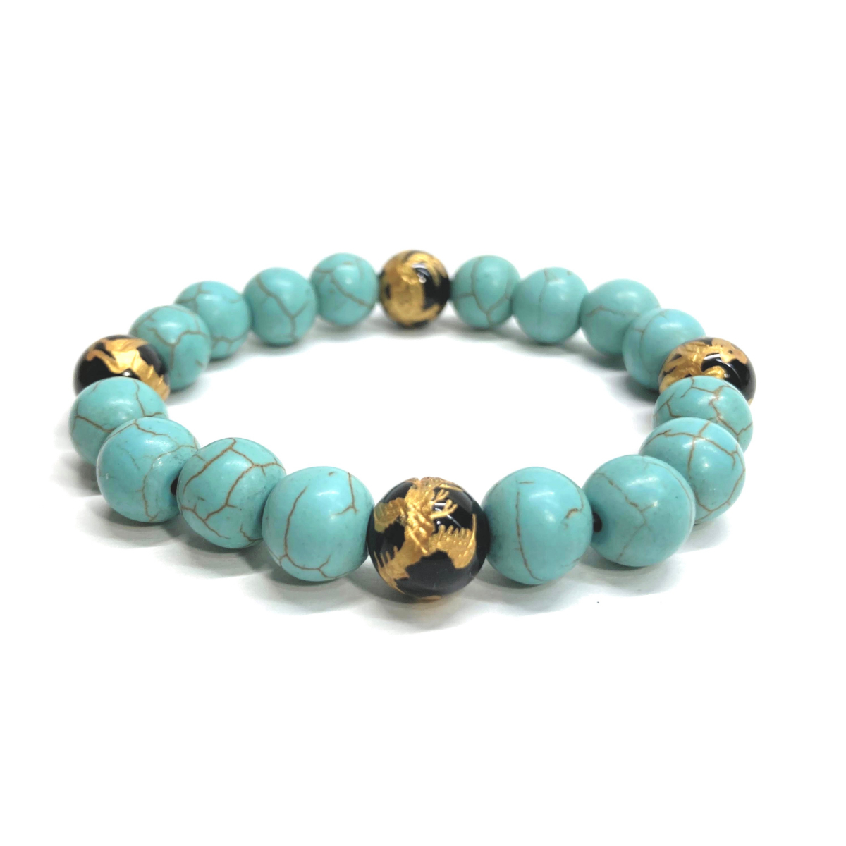 10mm 四神獣金彫オニキス×ターコイズ パワーストーン ブレスレット天然石 運気上昇 開運 金運 恋愛運 青龍 白虎 玄武 朱雀 #2 ☆拍卖