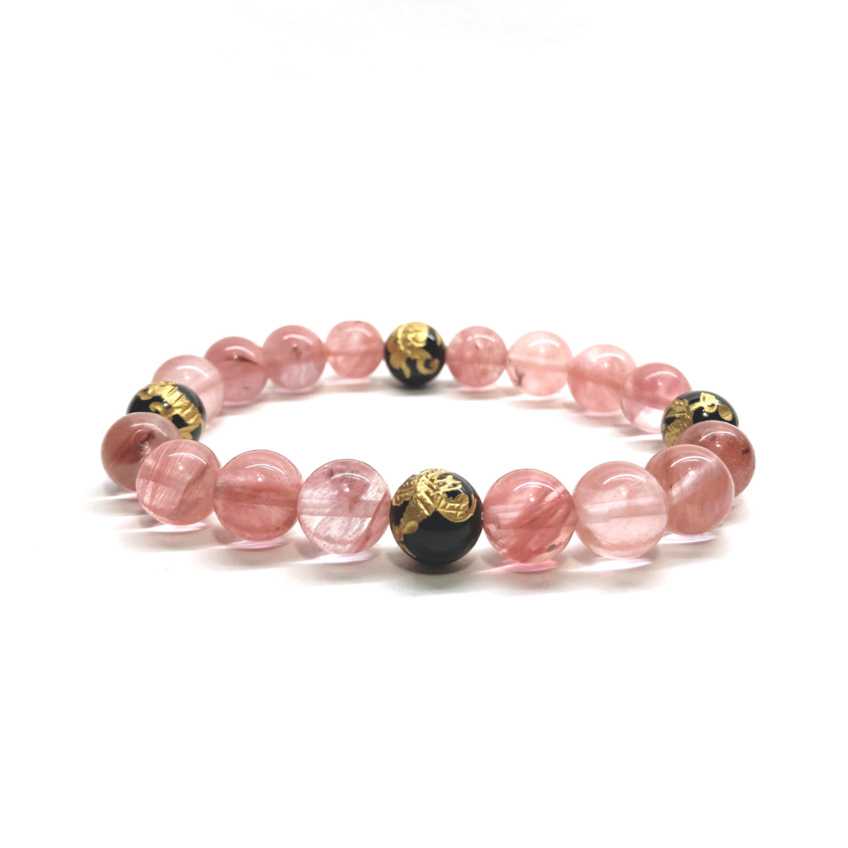 10mm 四神獣金彫オニキス×チェリークォーツ パワーストーン ブレスレット 運気上昇 開運 金運 恋愛運 青龍 白虎 玄武 朱雀 ☆拍卖