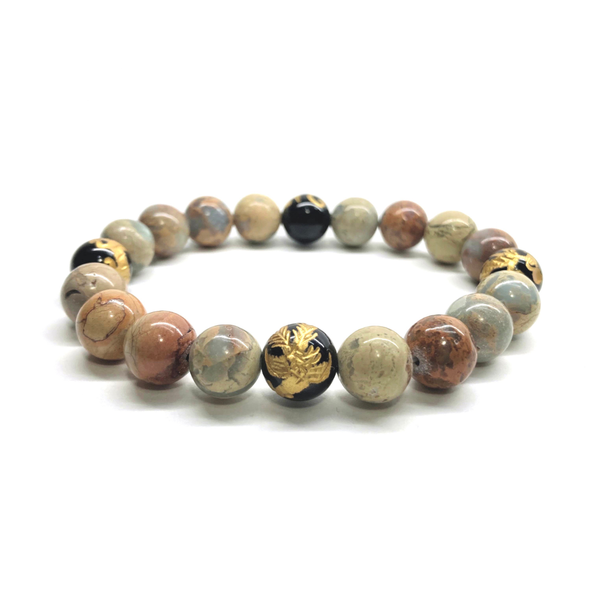 10mm 四神獣金彫オニキス×インプレッションストーン パワーストーン ブレスレット天然石 運気上昇 開運 金運 青龍 白虎 玄武 朱雀 ☆拍卖