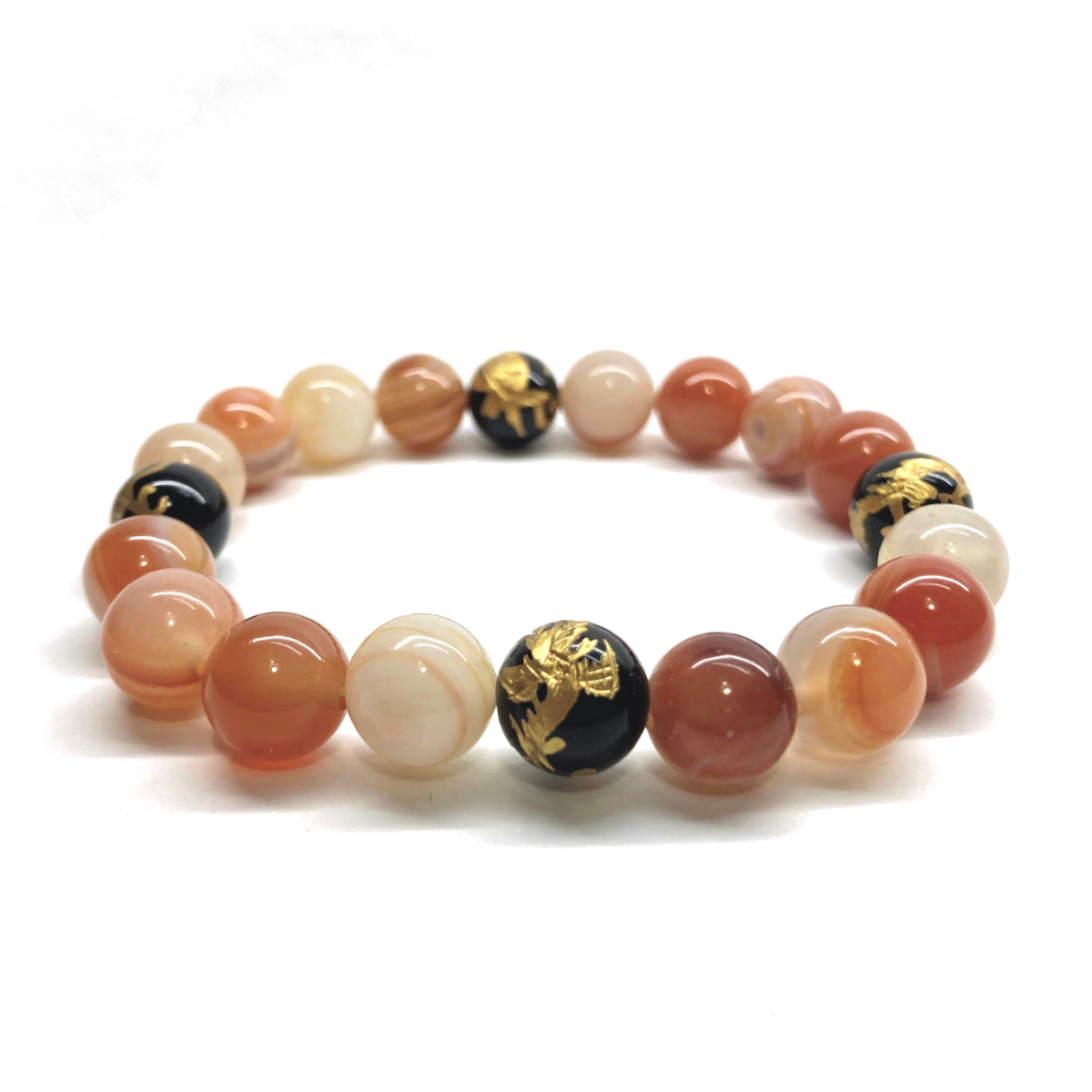 10mm 四神獣金彫オニキス×カーネリアン・サードニクス パワーストーン ブレスレット天然石 開運 青龍 白虎 玄武 朱雀 ☆拍卖