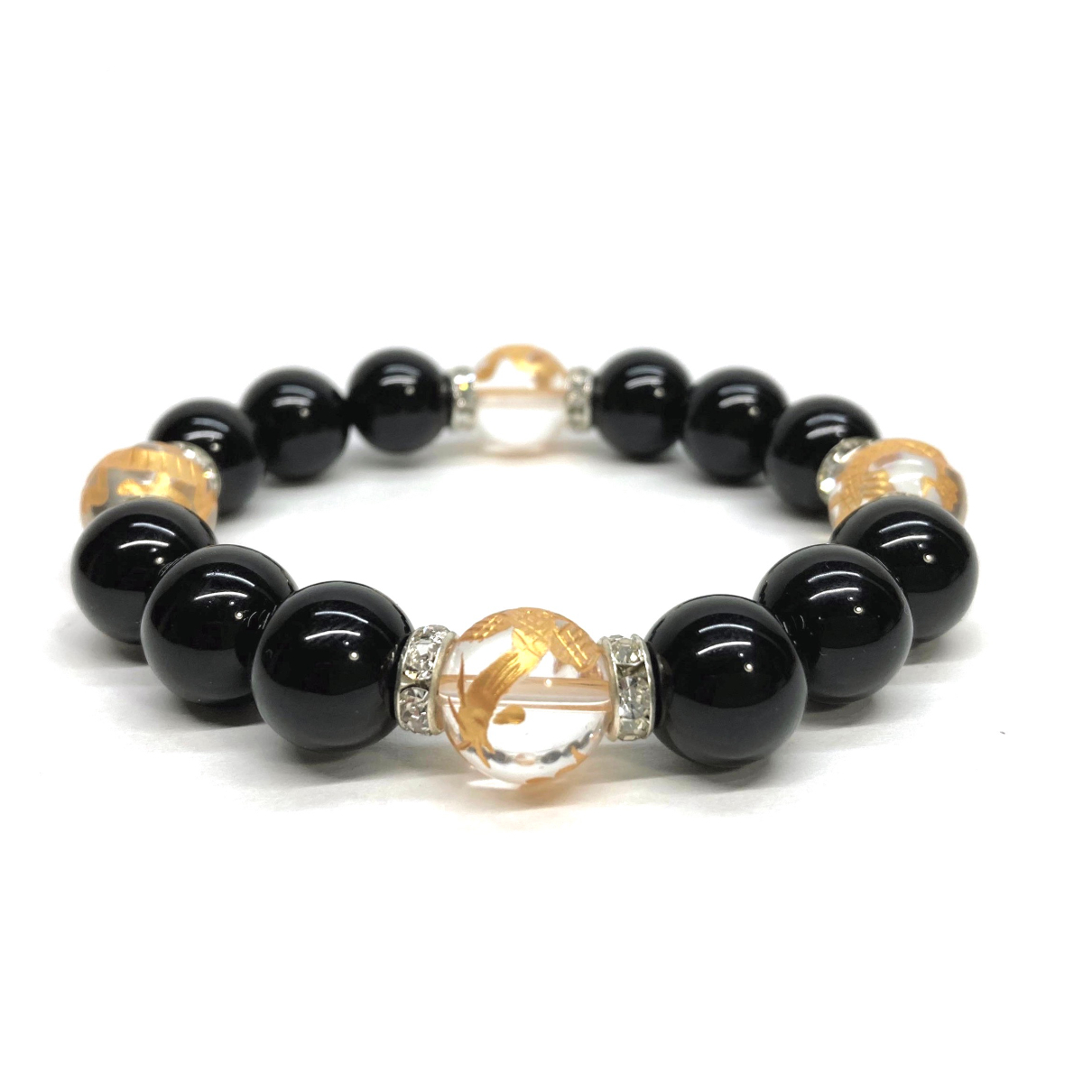 四神獣金彫水晶×モリオン 12mm パワーストーン ブレスレット天然石 青龍 白虎 玄武 朱雀 運気上昇 金運 健康運 お守り 四神相応 S拍卖