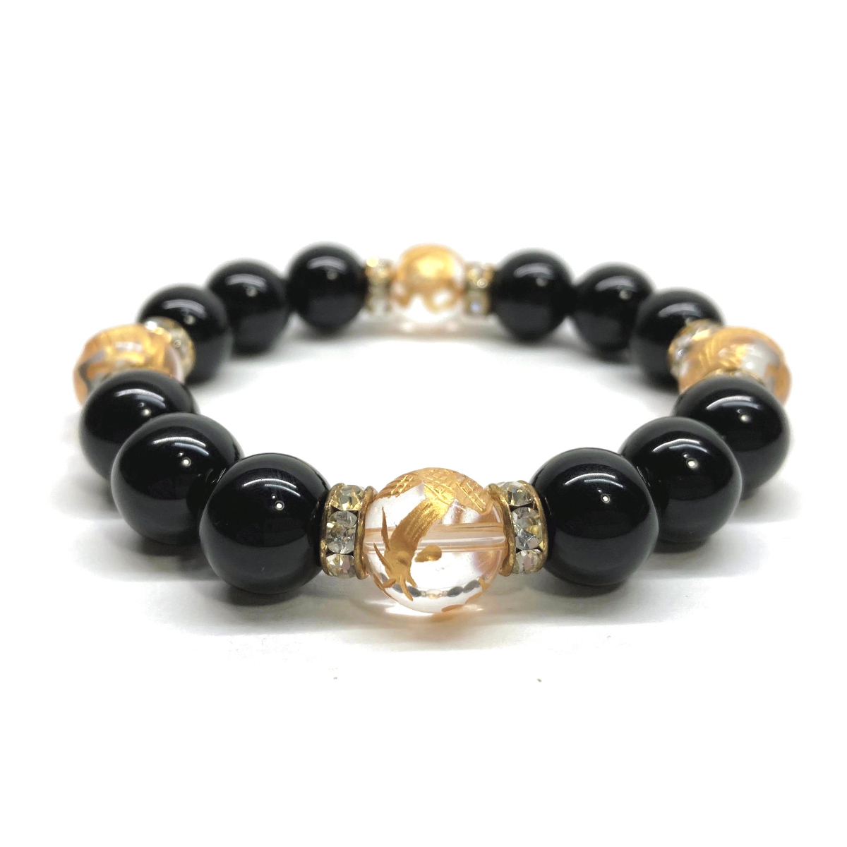 四神獣金彫水晶×モリオン 12mm パワーストーン ブレスレット天然石 青龍 白虎 玄武 朱雀 運気上昇 金運 健康運 お守り 四神相応 G拍卖