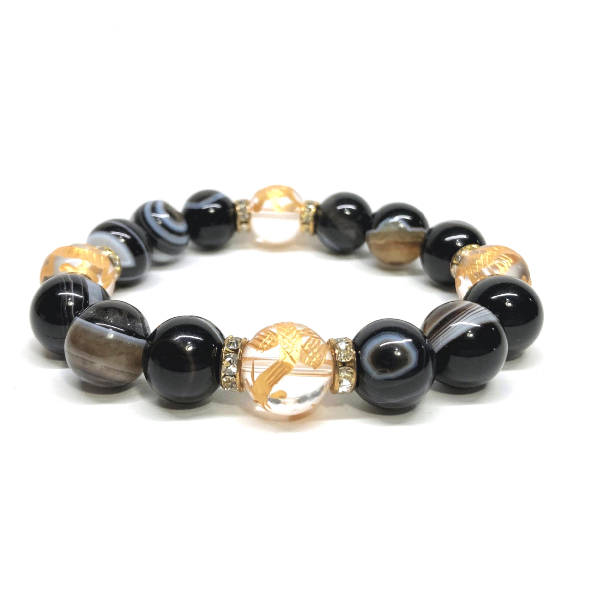 四神獣金彫水晶×チベットアゲート(天眼石) 12mm パワーストーン ブレスレット天然石 青龍 白虎 玄武 朱雀 運気上昇 お守り 四神獸 G拍卖