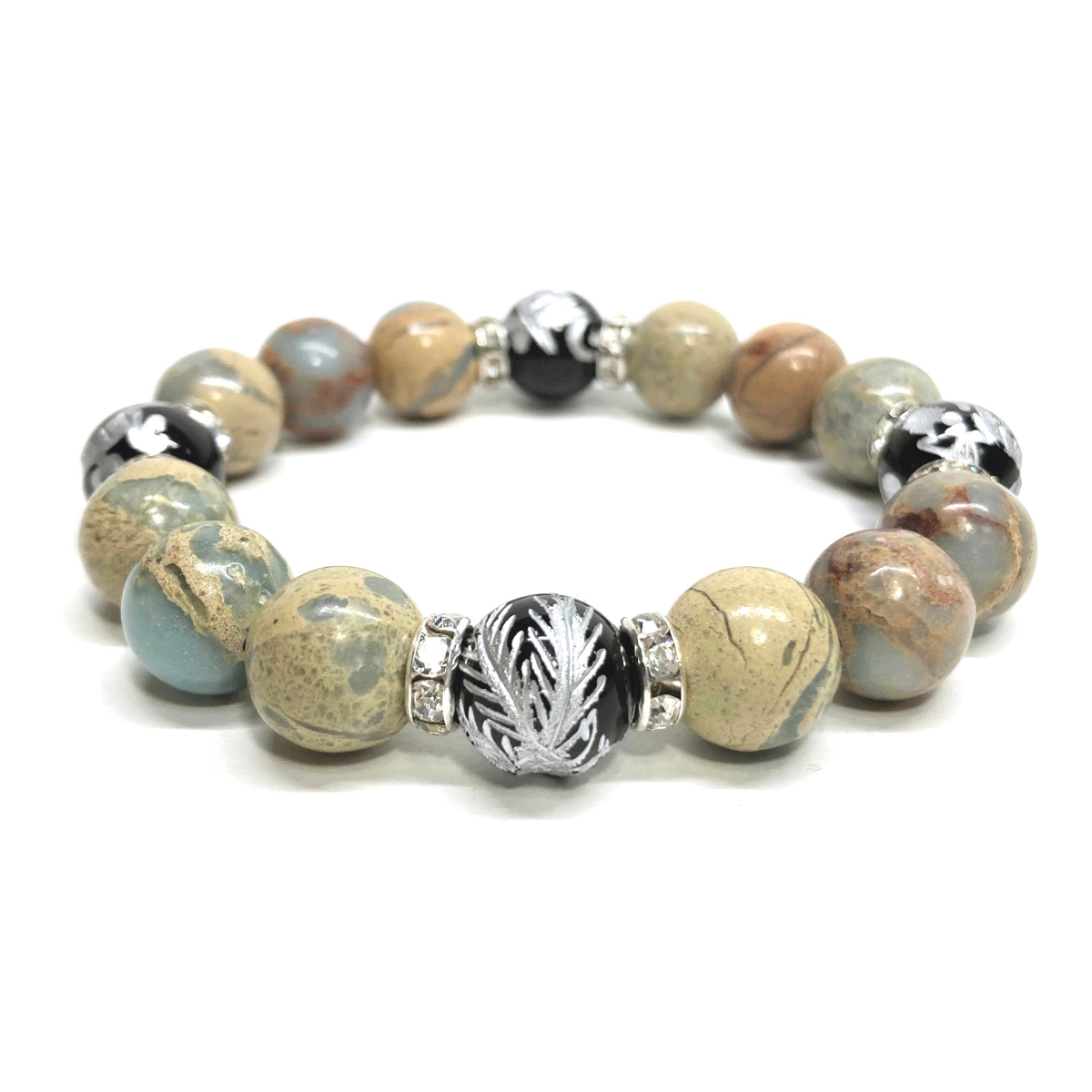 四神獣銀彫オニキス×インプレッションストーン 12mm パワーストーン ブレスレット天然石 青龍 白虎 玄武 朱雀 運気上昇 開運 お守り S拍卖