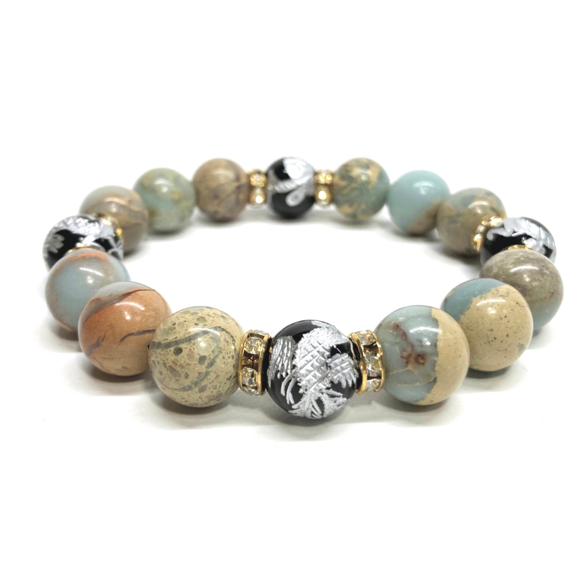 四神獣銀彫オニキス×インプレッションストーン 12mm パワーストーン ブレスレット天然石 青龍 白虎 玄武 朱雀 運気上昇 開運 お守り G拍卖