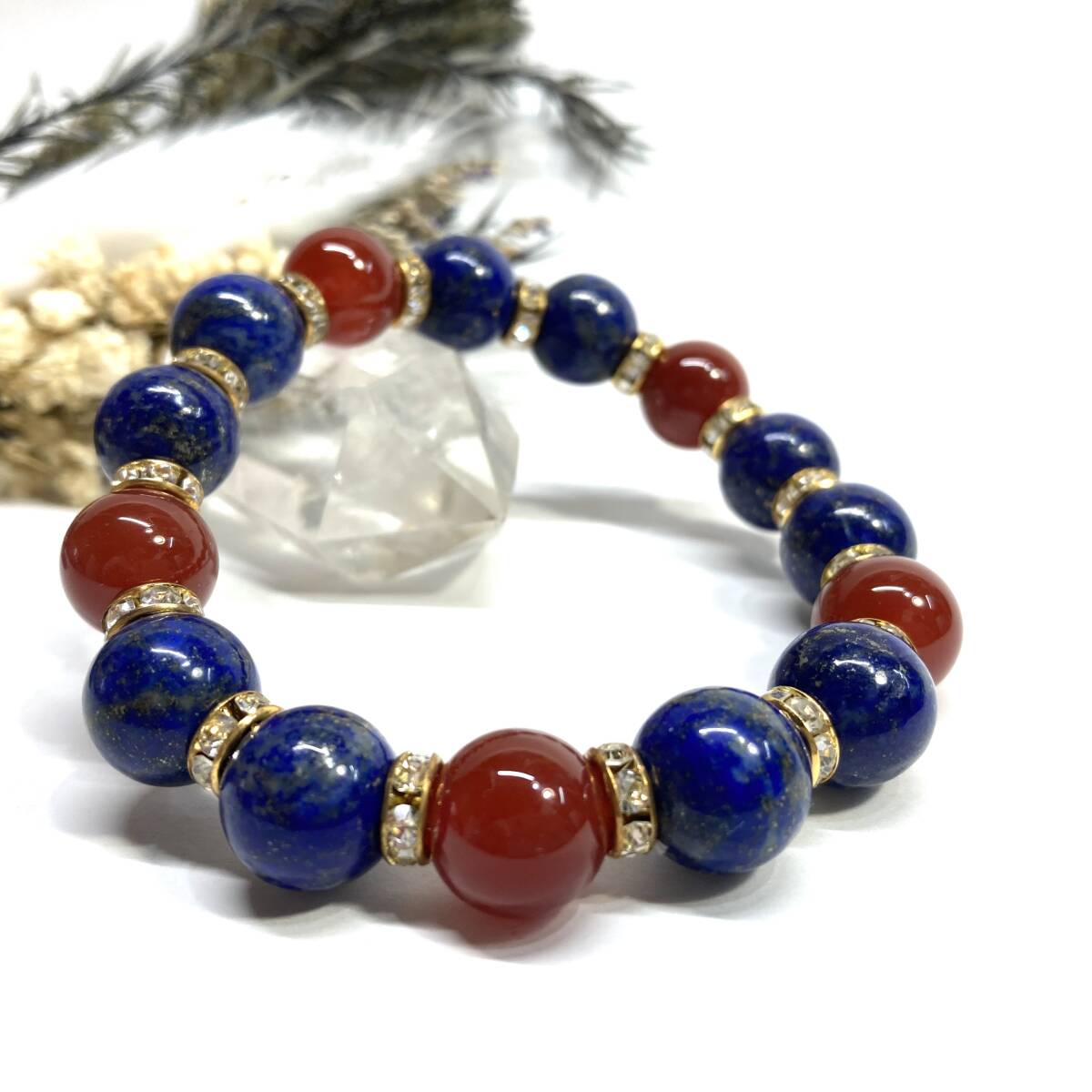 ラピスラズリ&赤瑪瑙 パワーストーン ブレスレット 天然石ブレス (ゴールド) 12mm 幸運 開運 メンズ 男性♪拍卖