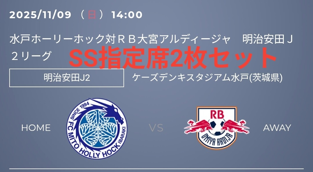 定価以下 SS指定席 2枚セット 水戸ホーリーホック 対 RB大宮アルディージャ 2025/11/09 (日)14:00 ケーズデンキスタジアム水戸拍卖