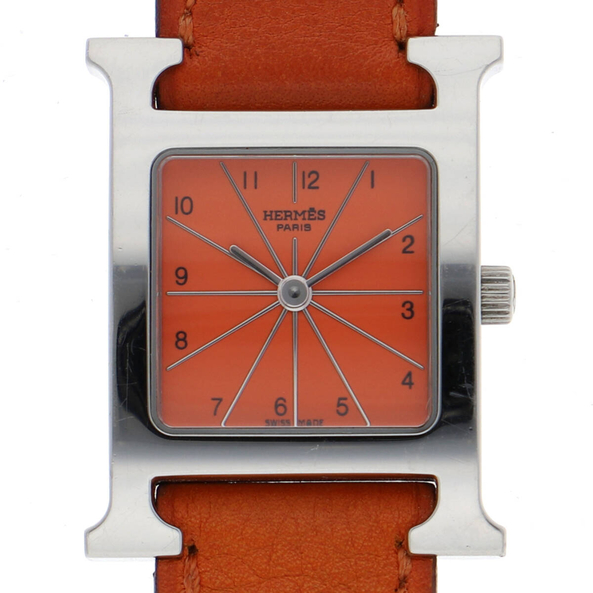 HERMES エルメス HH1.210 Hウォッチ オレンジダイヤル SS/レザー クオーツ レディース【135832】拍卖